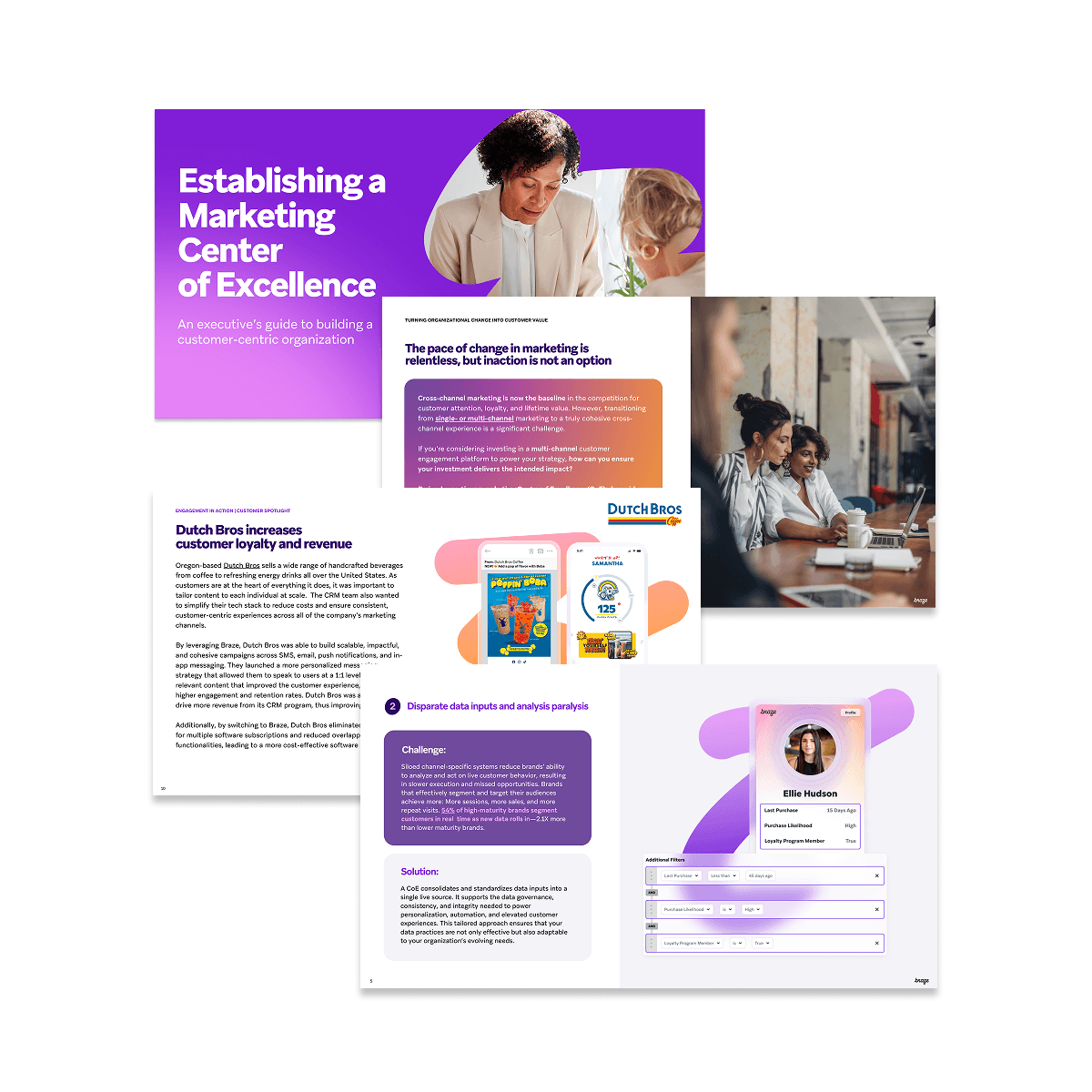 A flat lay of several digital marketing documents and screens, including a guide on establishing a Marketing Center of Excellence, articles, a Dutch Bros loyalty app interface, and a customer profile.