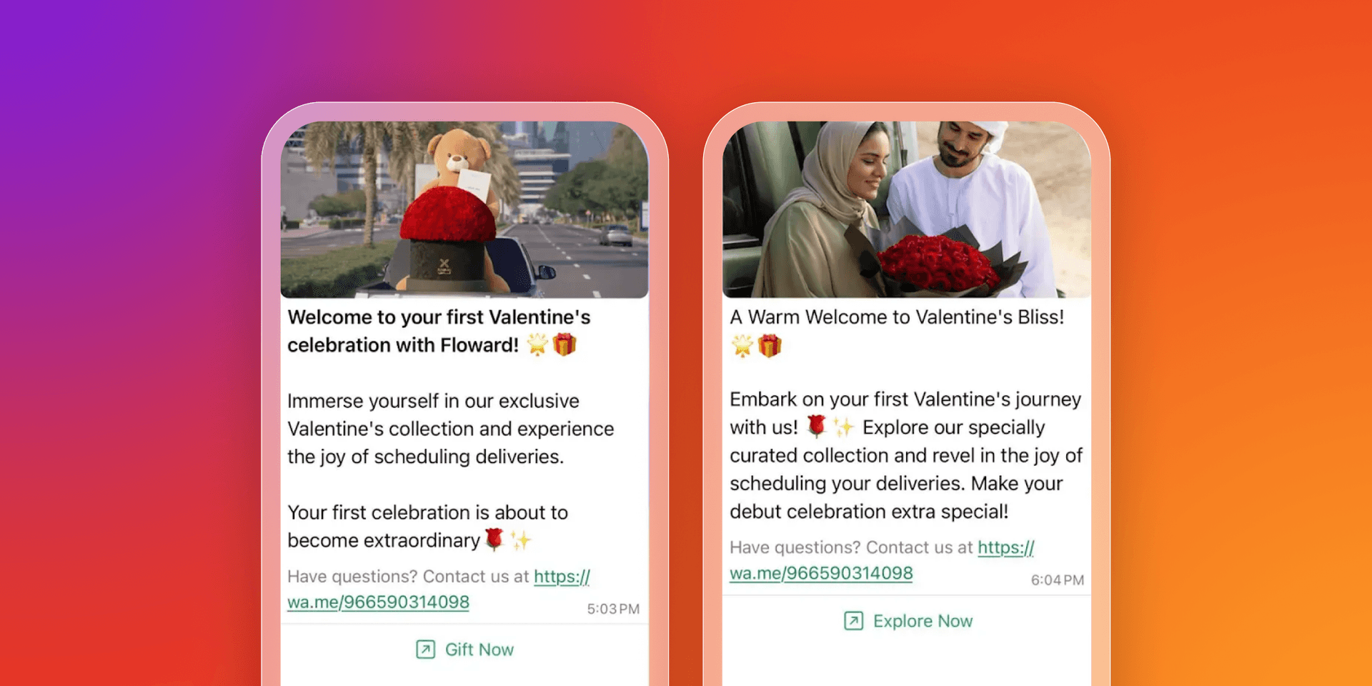 Two mobile screens showing Valentine's Day promotions from Floward, featuring a teddy bear with roses and a couple with roses.