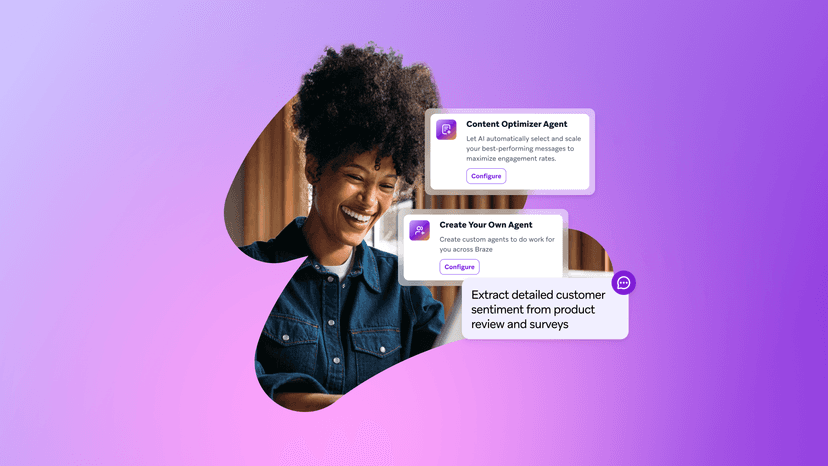 Smiling woman looking at UI cards for AI agents, including content optimization and sentiment analysis.