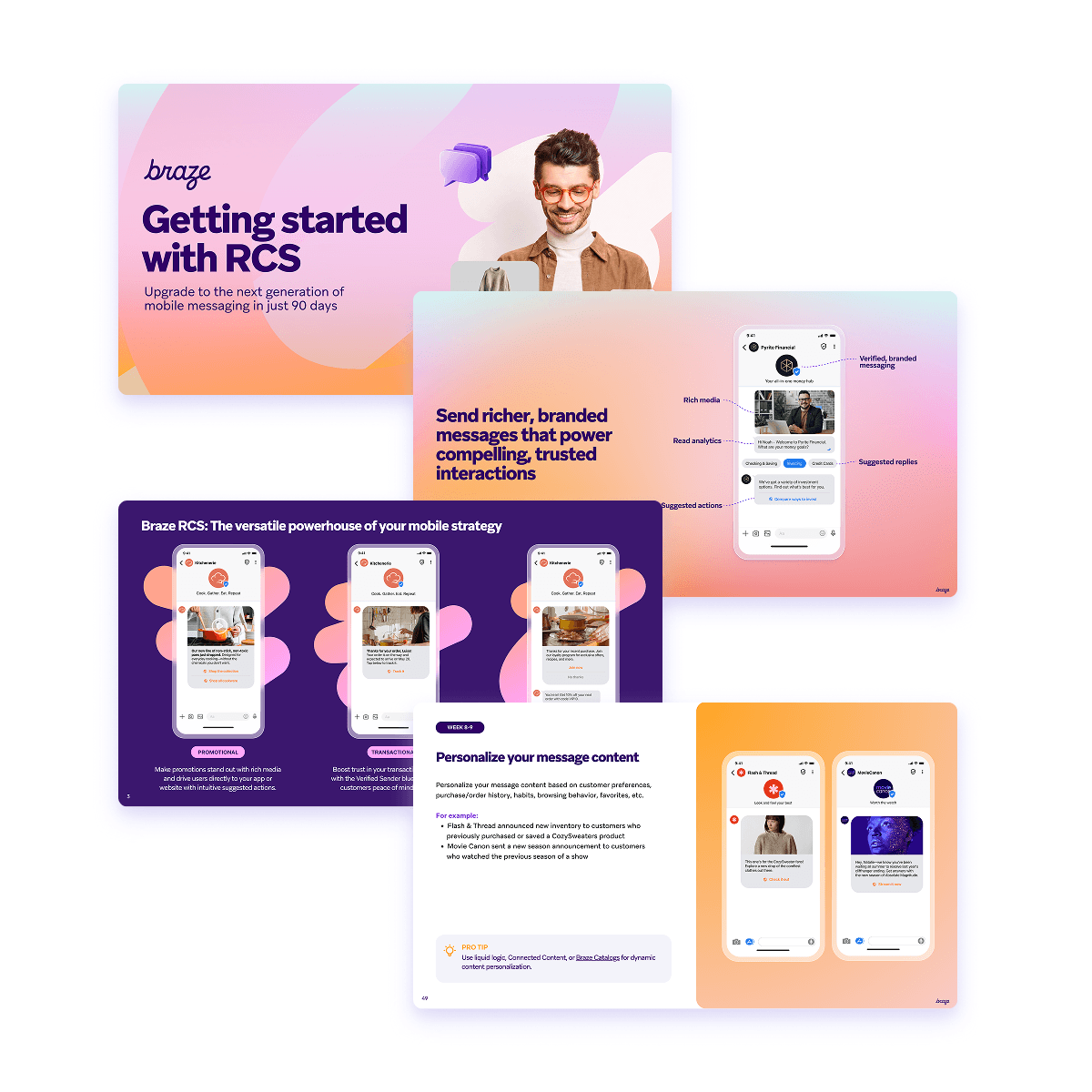 Overlapping marketing slides for Braze RCS, featuring phone screens demonstrating rich, personalized mobile messaging.