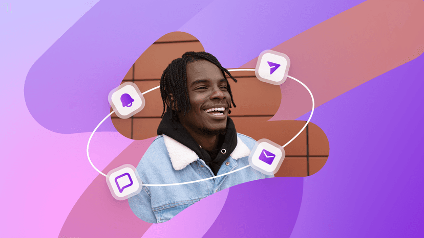 A person laughing with four messaging icons around them