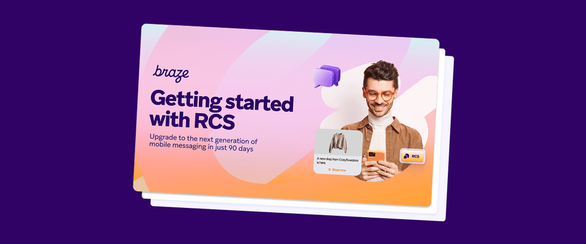 Braze's "Getting started with RCS" graphic, showing a man viewing an RCS message featuring a jacket on his phone.