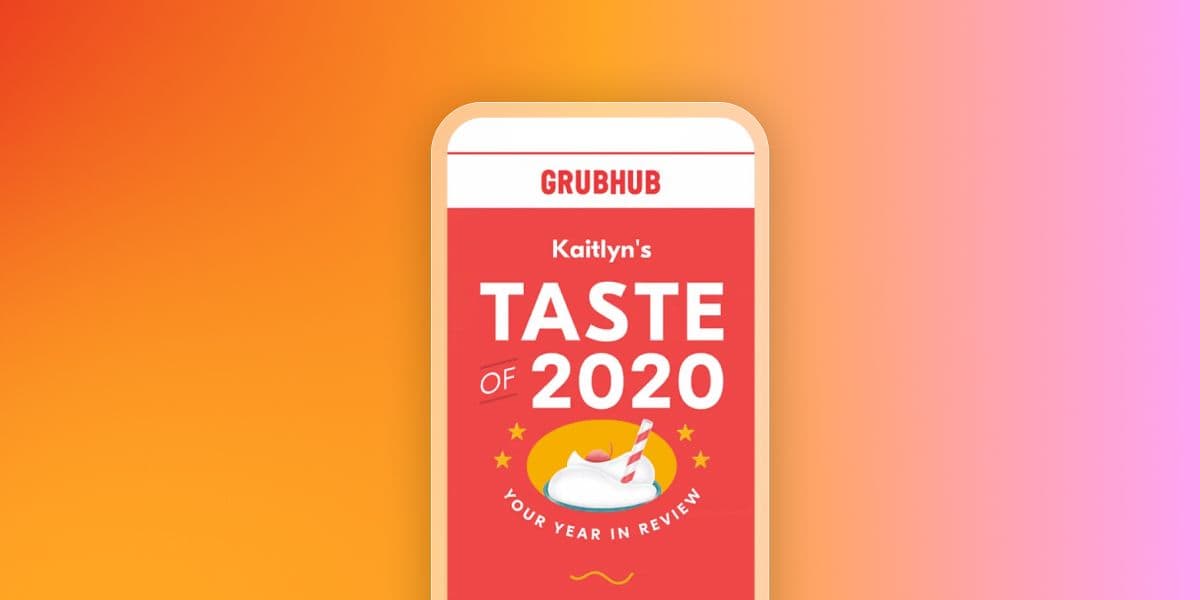 Grubhub app screen displaying "Kaitlyn's Taste of 2020: Your Year In Review" with a milkshake icon, on an orange to pink gradient background.