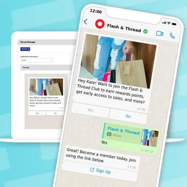 Smartphone exibindo uma conversa de bate-papo promovendo um clube de recompensas "Flash & Thread" com uma imagem de compra e um botão "Inscrever-se".