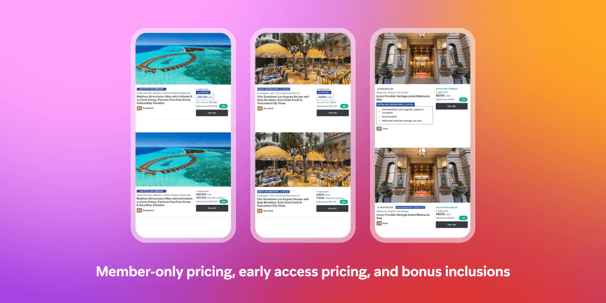Three smartphones displaying hotel booking apps with luxury properties, advertising member-only pricing, early access, and bonus inclusions.