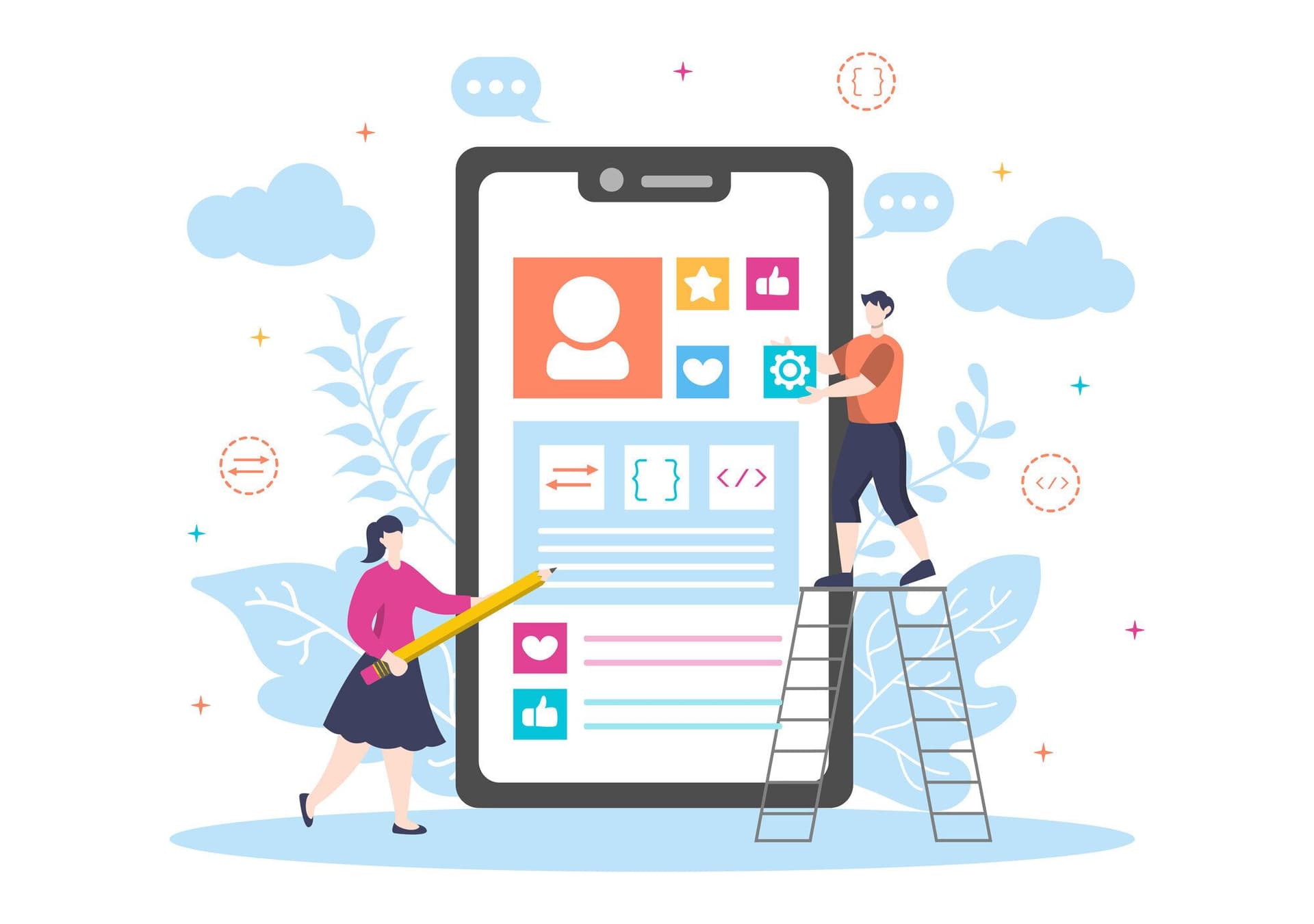 Illustration of two people designing and building a mobile app on a large smartphone.