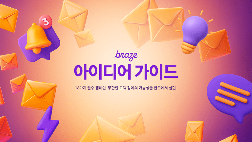 Braze's "Idea Guide" banner with 3D icons: emails, a notification bell, a lightbulb, and a chat bubble on a purple and orange gradient.