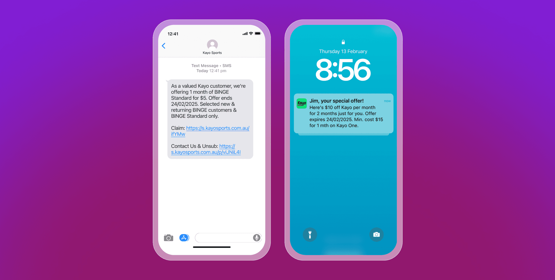 Two iPhones displaying Kayo Sports promotional offers: one as an SMS, the other as a lock screen notification.