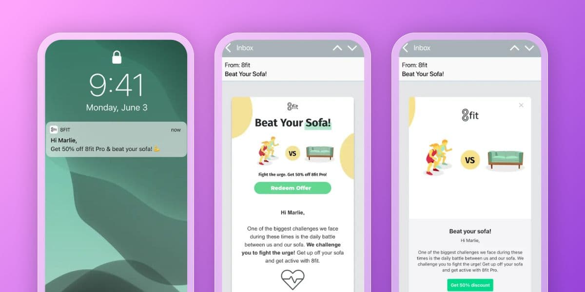 Three phone screens show an 8fit app notification and emails, promoting 50% off 8fit Pro to "Beat Your Sofa!" with an illustration of a person exercising versus a sofa.