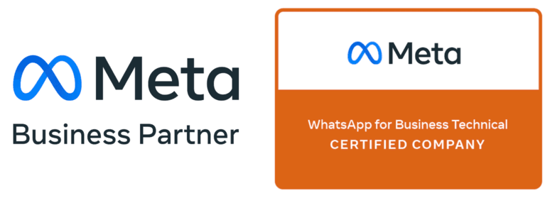Meta Business Partner and WhatsApp for Business Technical Certified Company badges. meta business partner logo on a white background