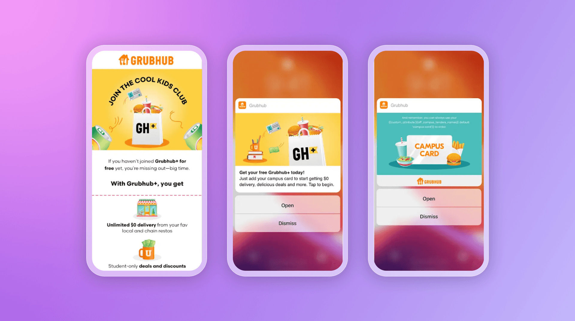 Three mobile phones displaying Grubhub app promotions for student benefits, including "Cool Kids Club" and campus card integration notifications.