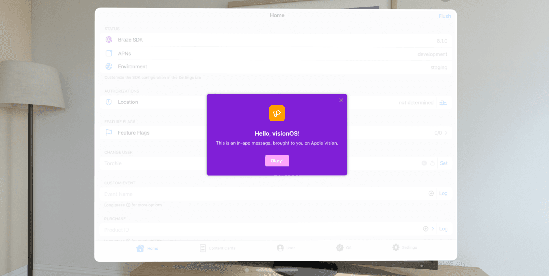 a computer screen with a purple popup that says hello visionos