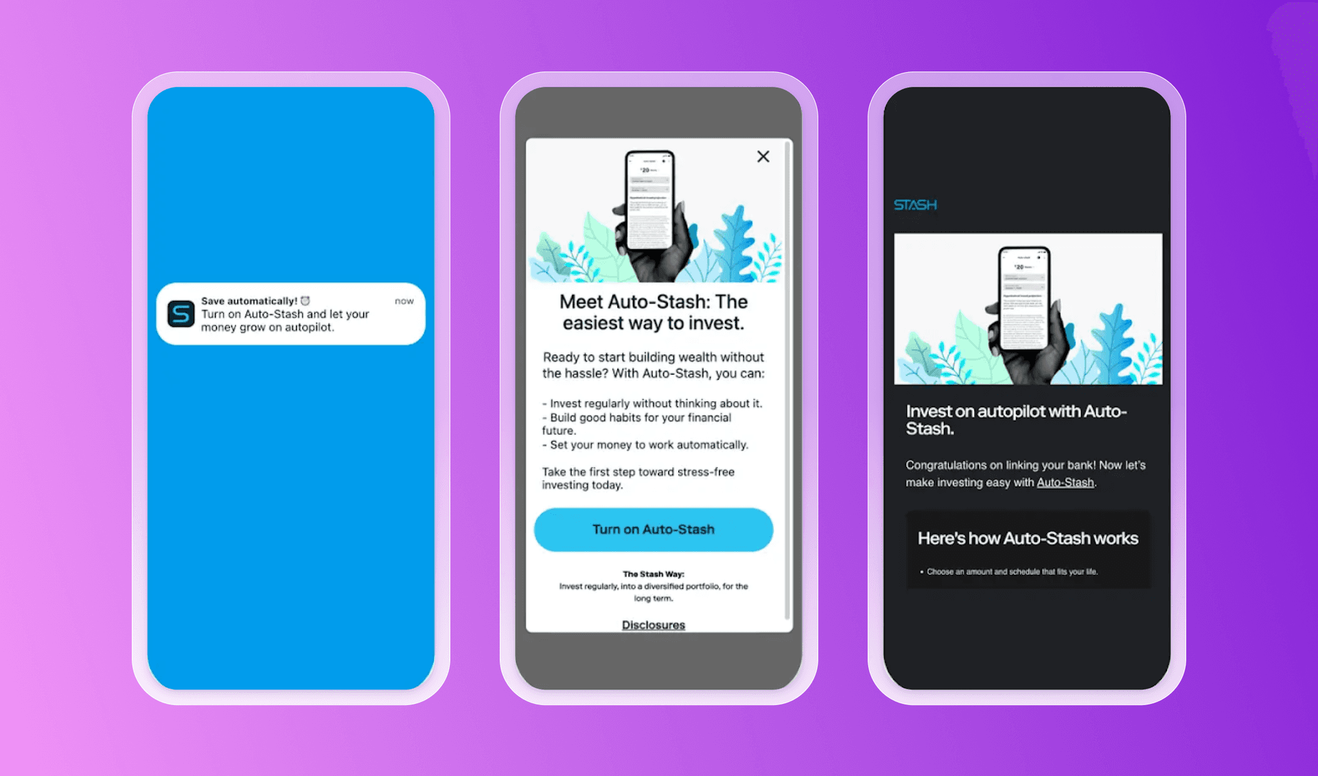 Three phone screens showing the Auto-Stash feature: a notification, an informational screen, and a confirmation screen.