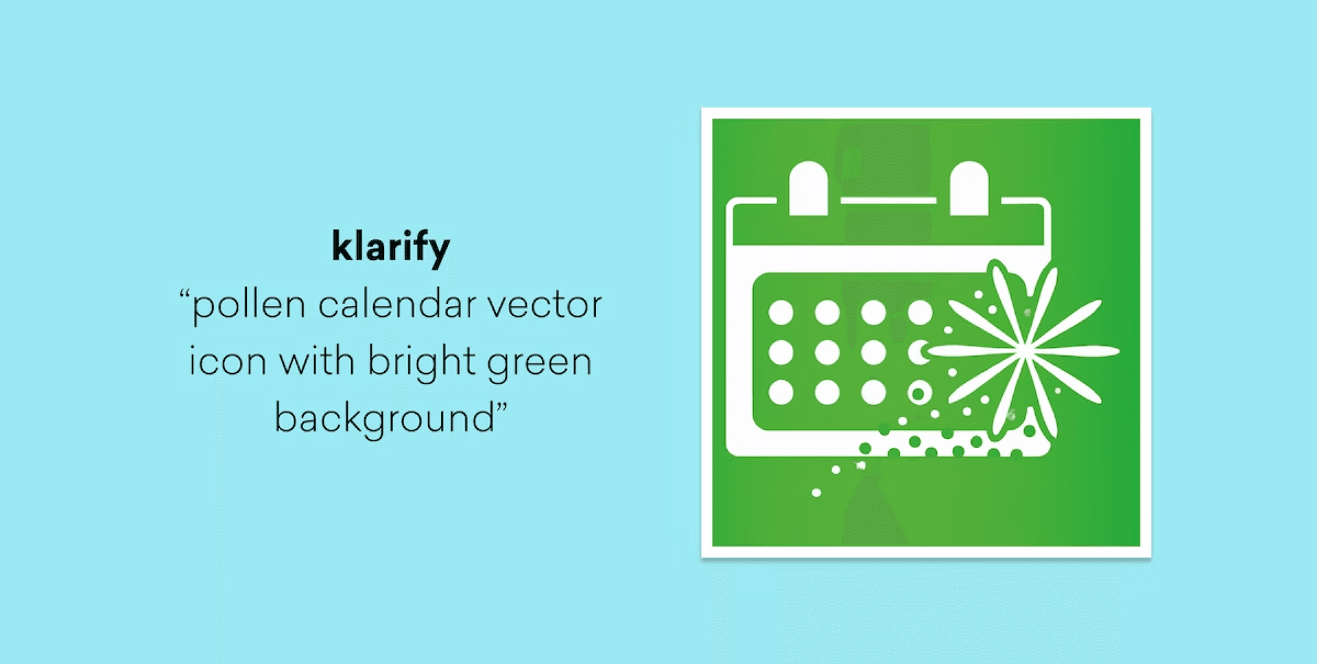 The word 'klarify' and text ""pollen calendar vector icon with bright green background"" next to a white calendar and pollen icon on a green square.