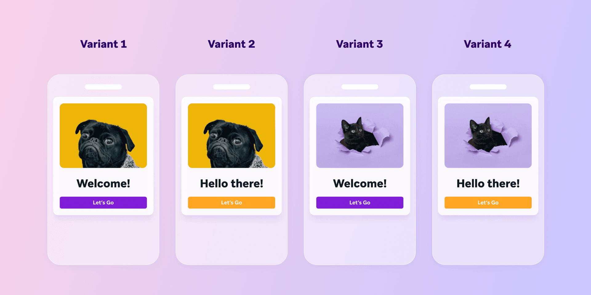four different versions of a welcome message with a pug and a cat