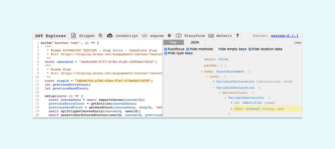 AST Explorer is like the elements panel in Chrome Developer Tools, but for your code—highlighting the GUID on the left-hand side highlights the corresponding node on the right-hand side, and vice-versa.