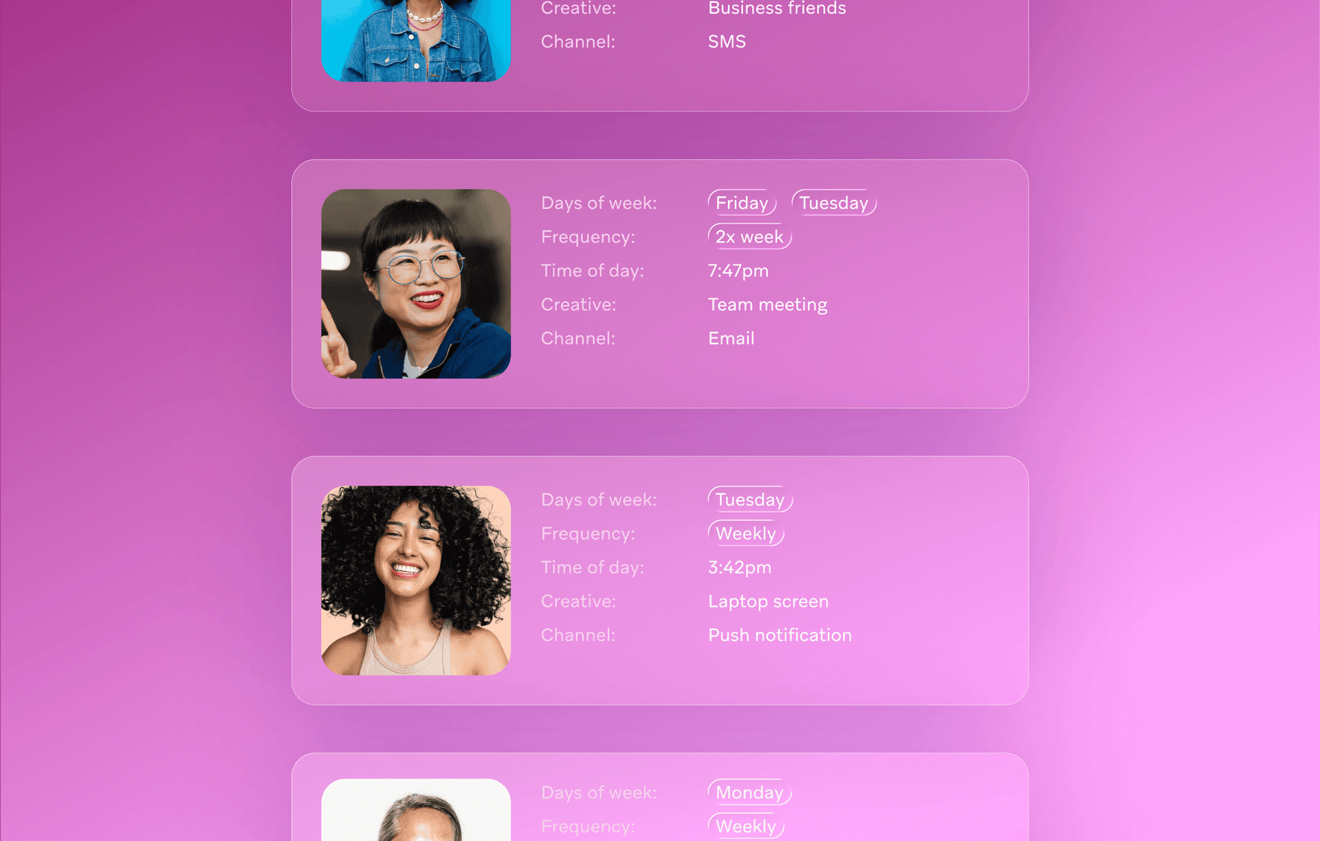 User interface displaying multiple profile cards with photos and scheduling details on a purple background.