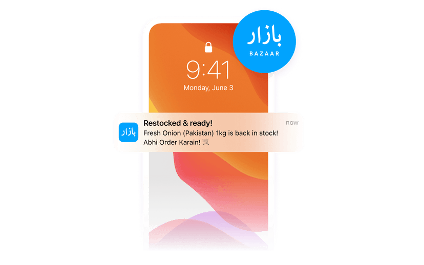 Smartphone with a Bazaar app notification: "Fresh Onion (Pakistan) 1kg is back in stock!"