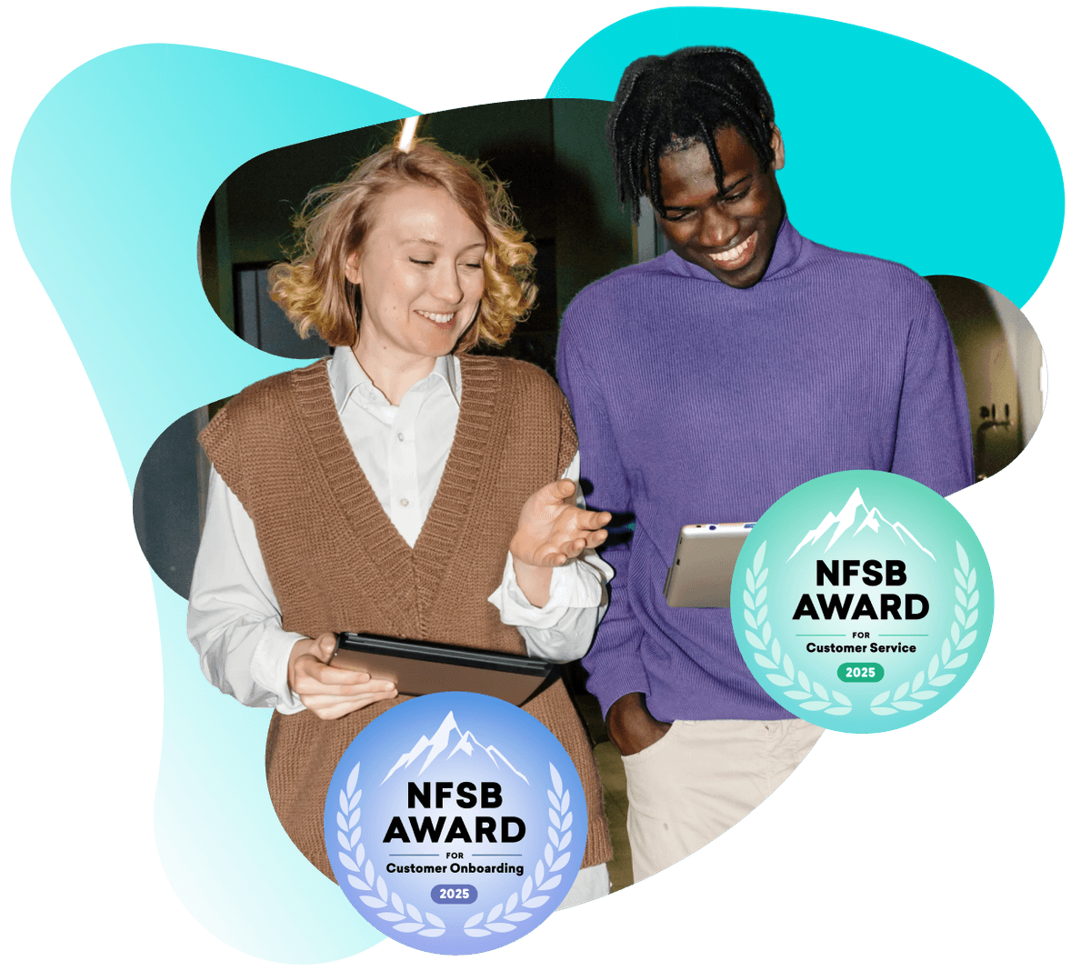 Two smiling people looking at a tablet, overlaid with "NFSB AWARD for Customer Onboarding 2025" and "NFSB AWARD for Customer Service 2025" badges.