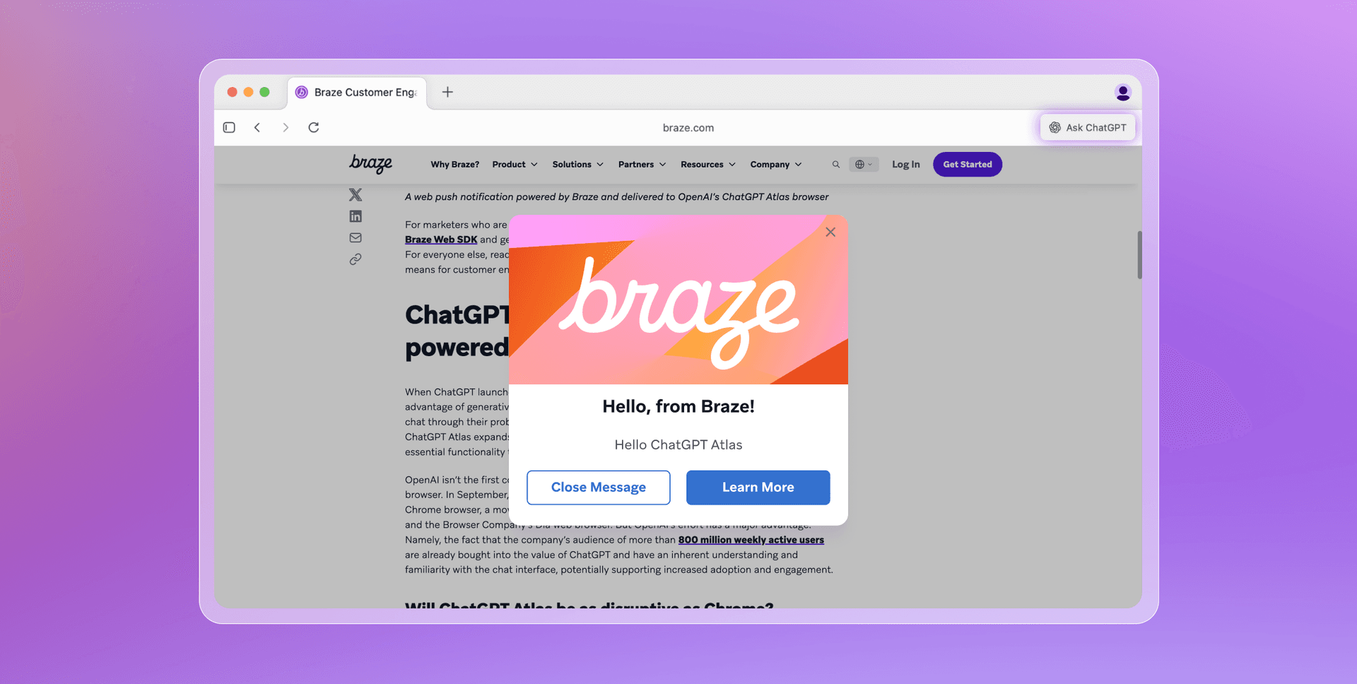 A browser window displays a webpage with a Braze pop-up notification for "ChatGPT Atlas."
