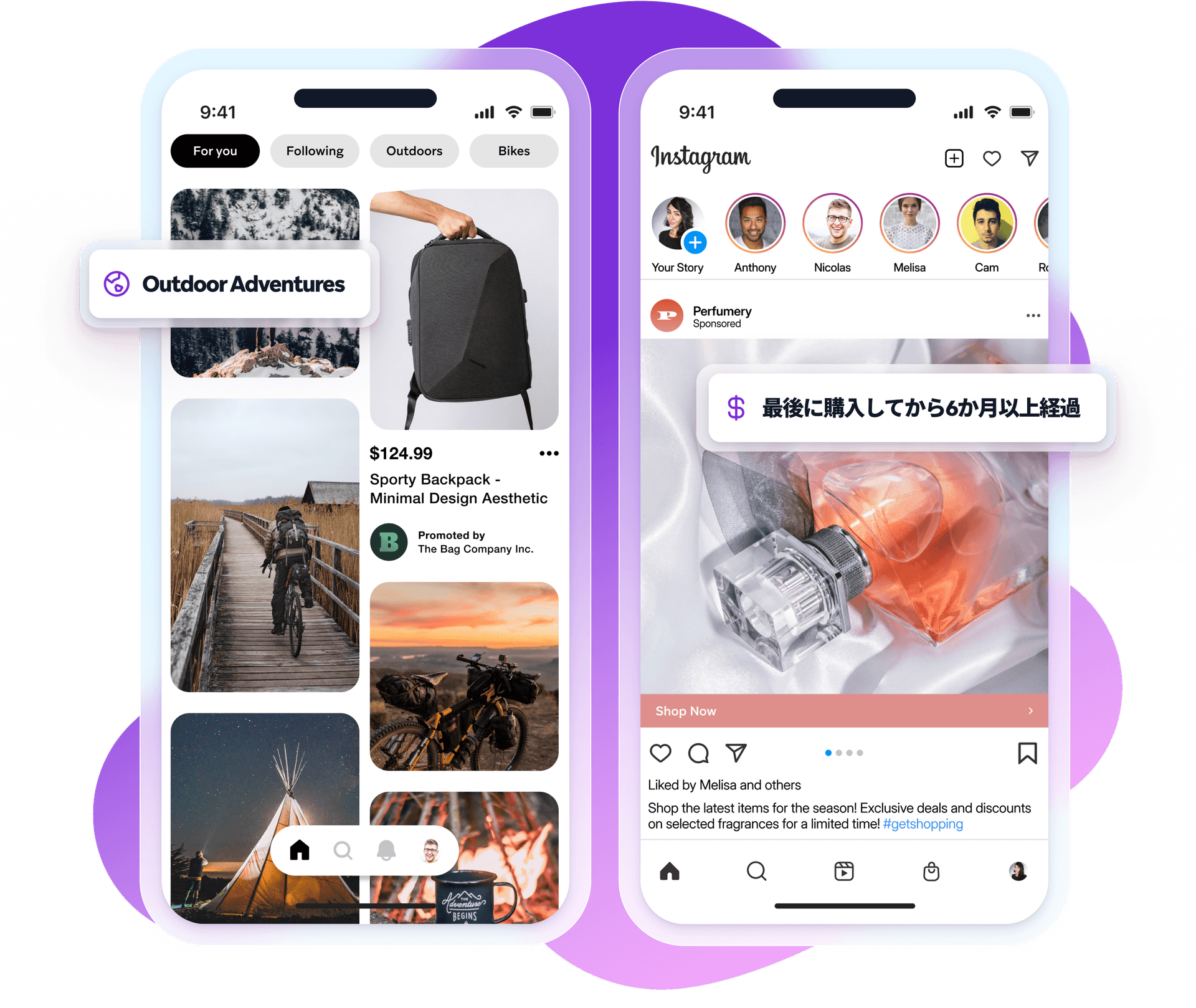 Two smartphone screens displaying social media apps with personalized content, ads, and shopping recommendations.