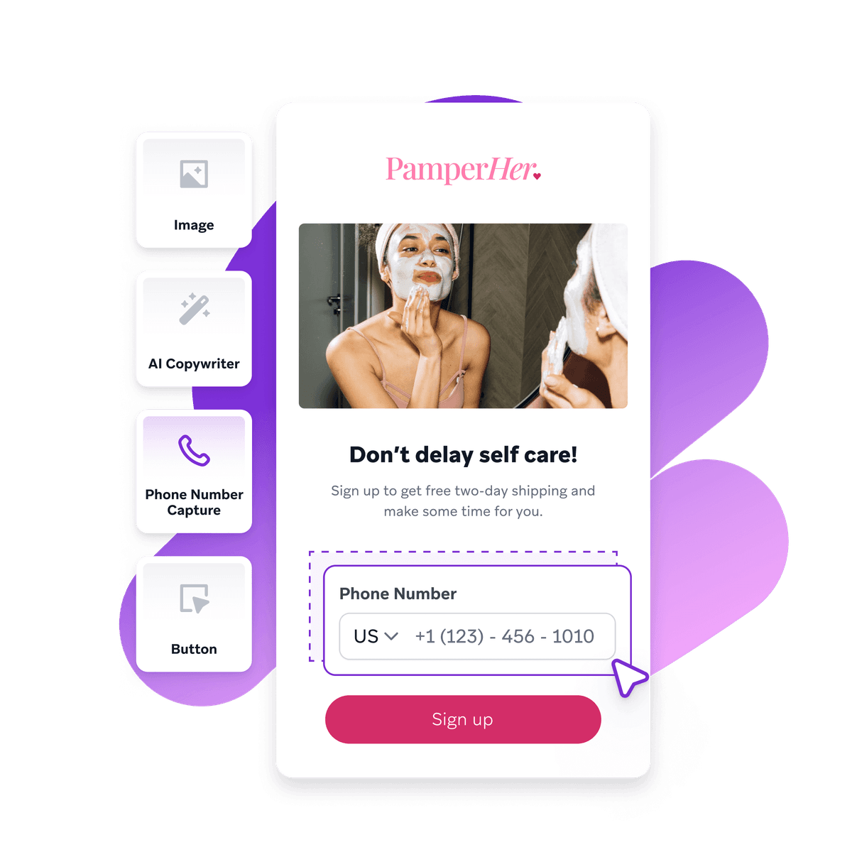 a sign up page for pamper her shows a woman with a mask on her face