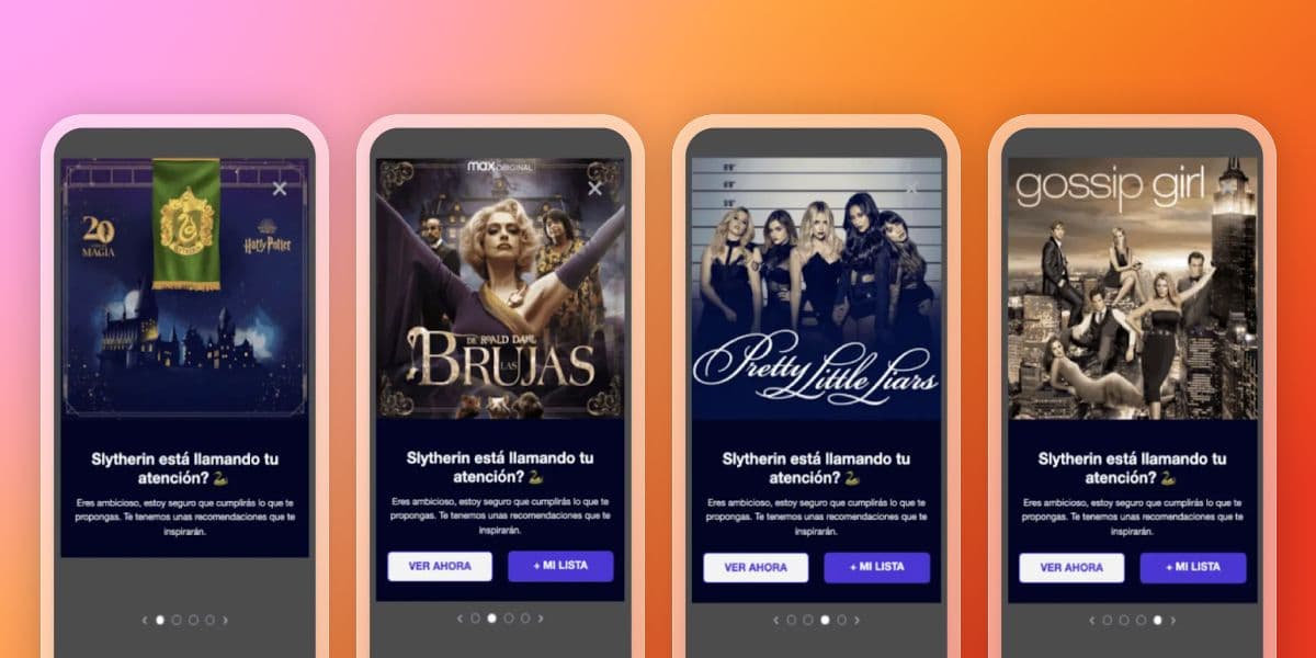 Four mobile screens display streaming recommendations for Harry Potter, The Witches, Pretty Little Liars, and Gossip Girl, all with a "Slytherin is calling your attention?" prompt.