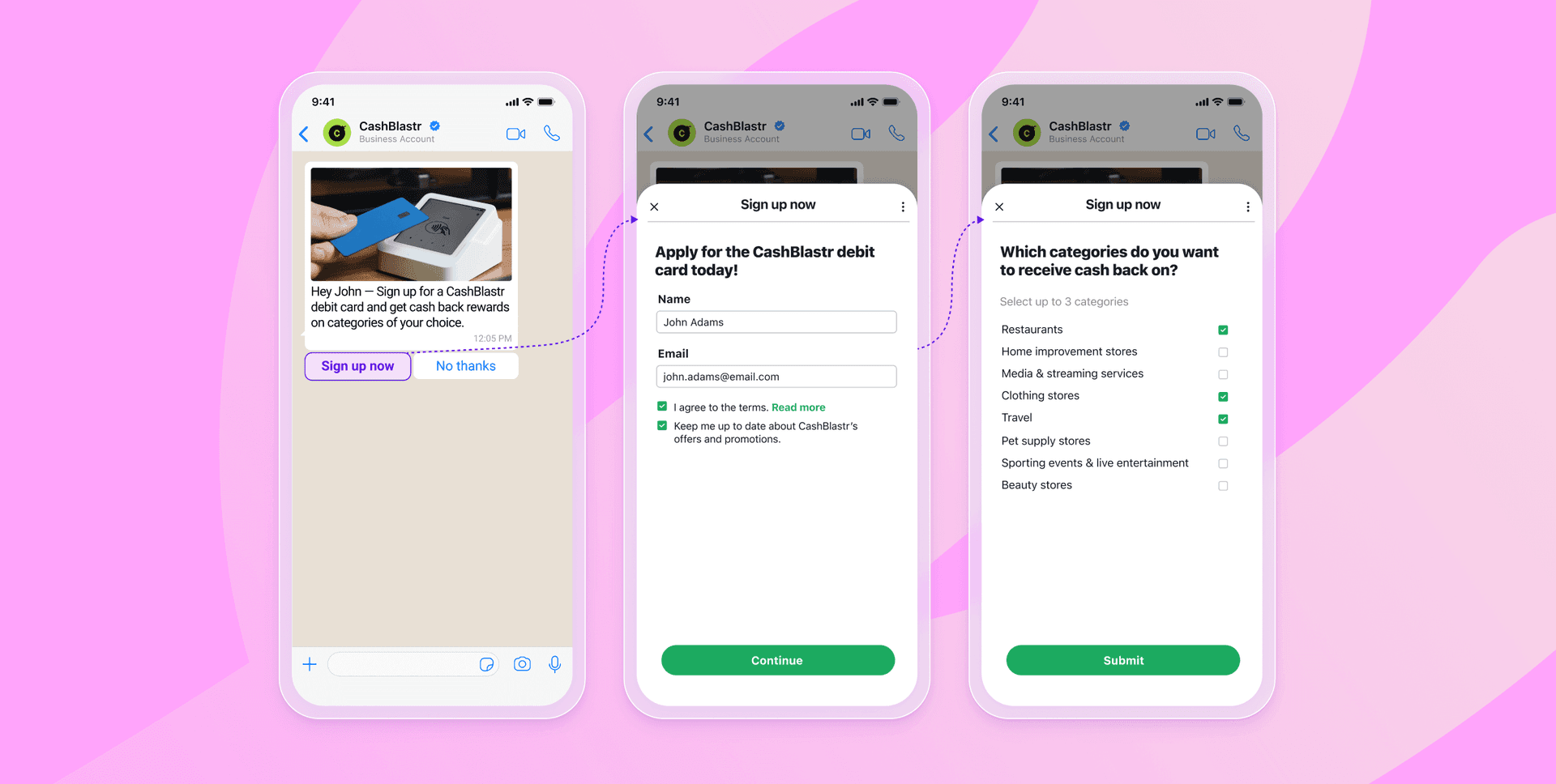 three screenshots of a messaging app that says apply for the cashbuster debit card today