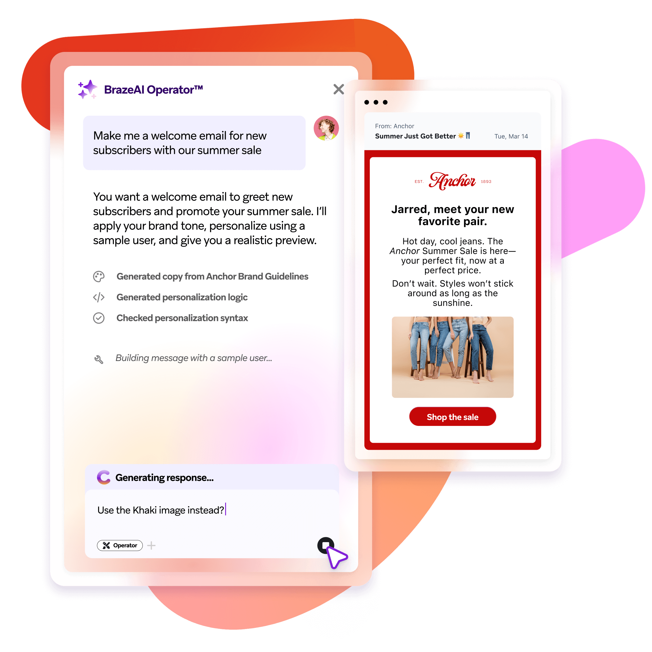 A BrazeAI Operator chatbot generating a personalized summer sale email featuring jeans and a "Shop the sale" button.