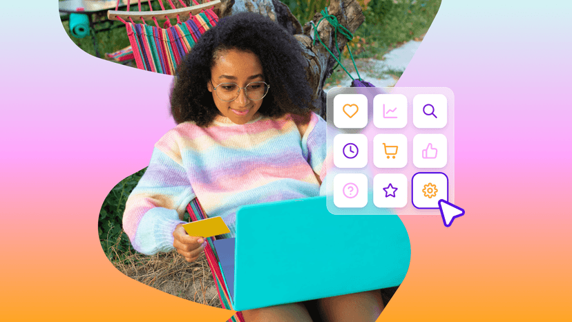 Woman in a hammock uses a laptop and holds a credit card, with a digital app menu and cursor overlay.