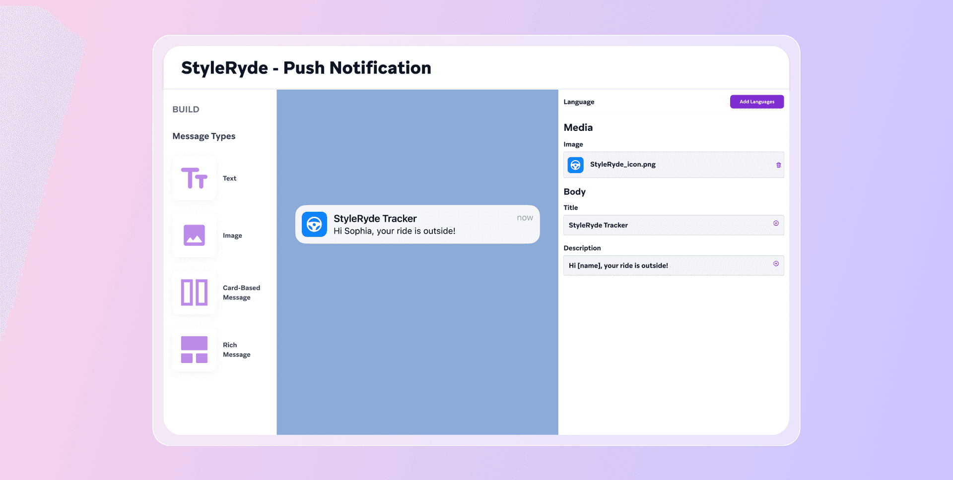 A user interface for creating StyleRyde push notifications, showing a preview and input fields for the message "Your ride is outside!".