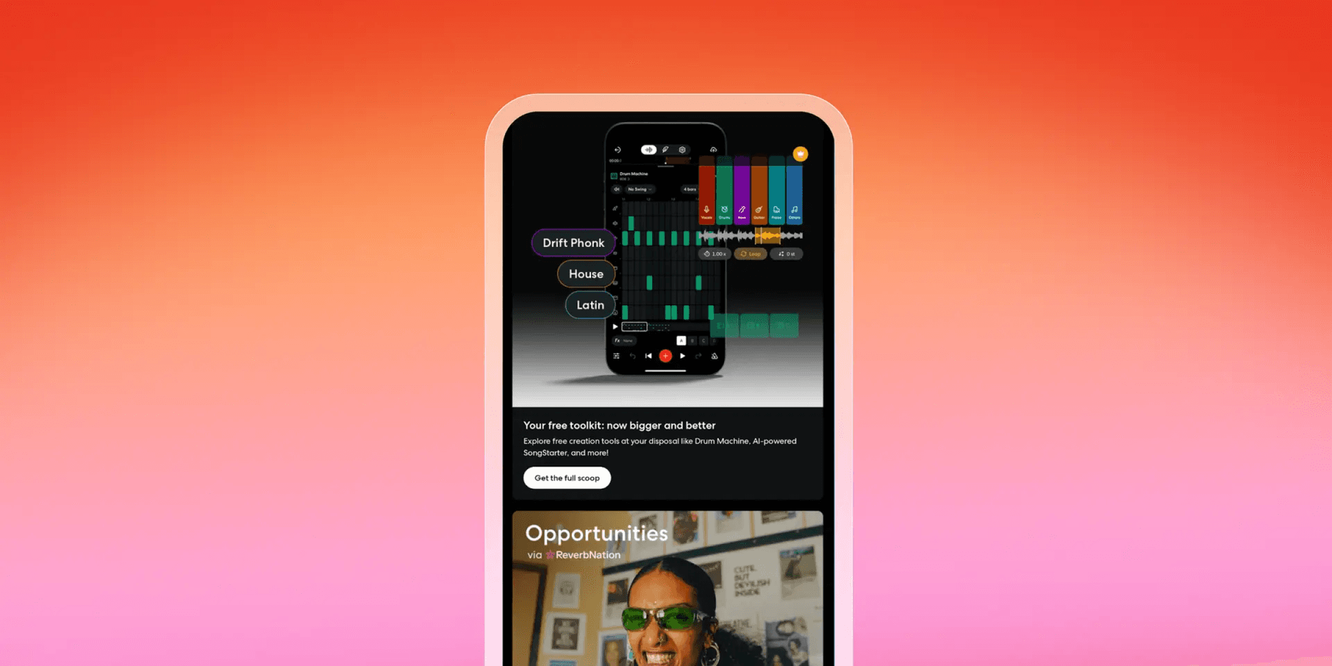 A smartphone displays a music creation app with a beat grid and genre options like "Drift Phonk," "House," and "Latin," against an orange and pink gradient background.