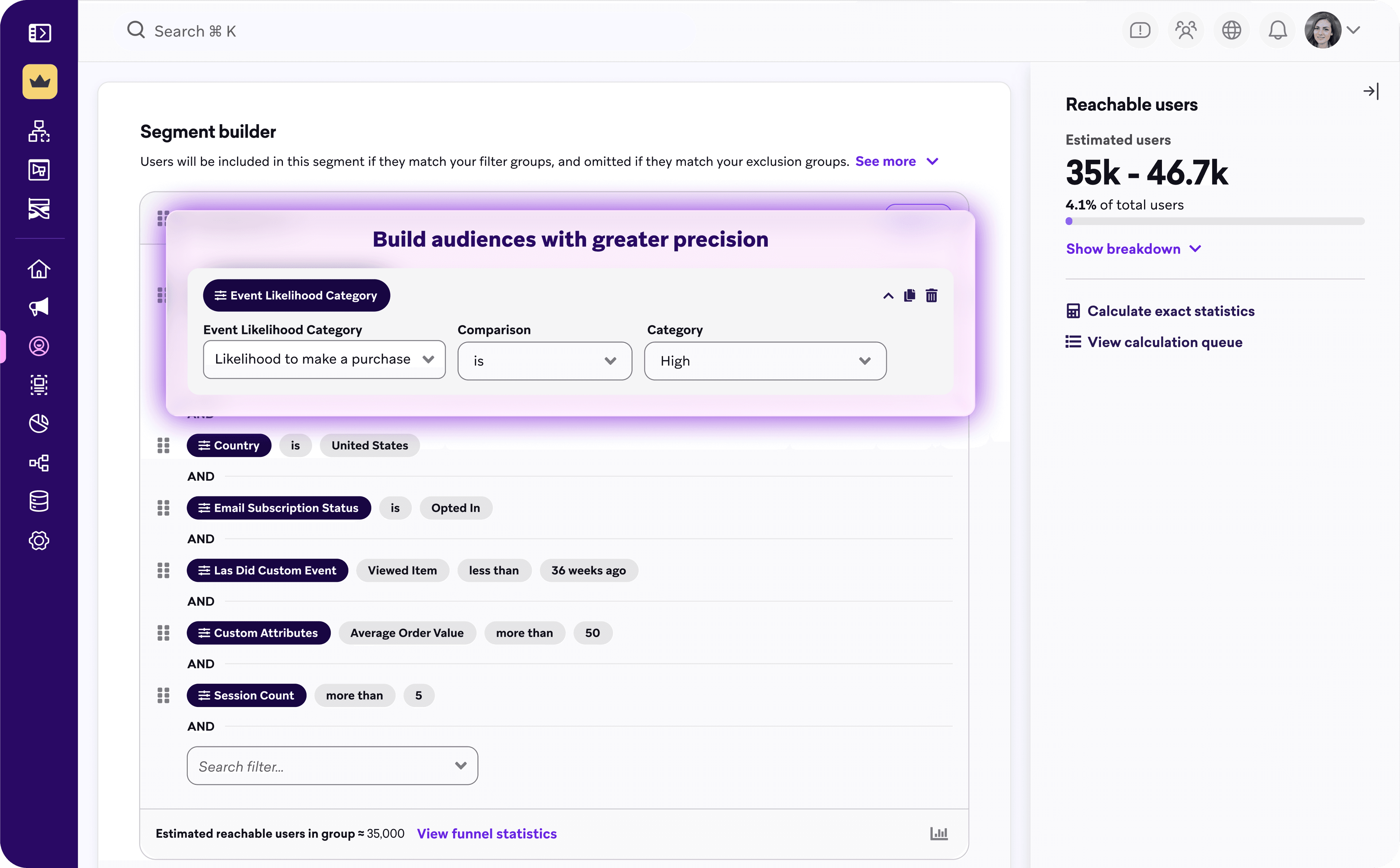 The Segment Builder dashboard page