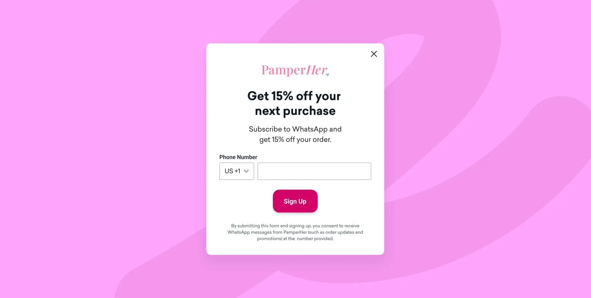 Formulário de cadastro para receber 15% de desconto ao se inscrever no canal do WhatsApp.