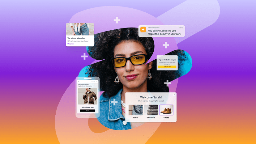 A person with sunglasses surrounded by messages about shopping