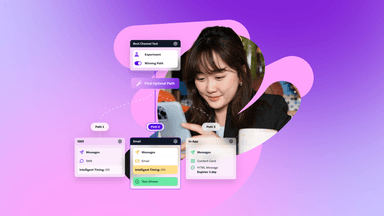 a woman is looking at her phone with a purple background