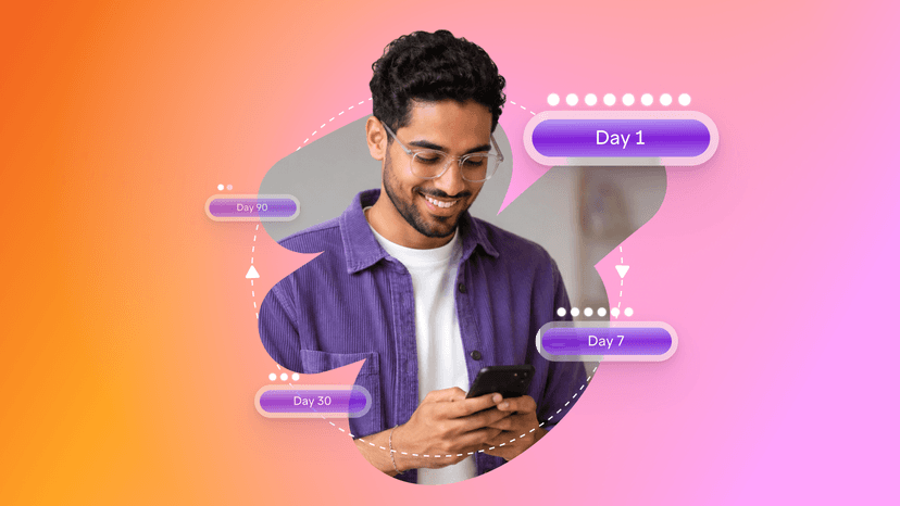 A person looking at a phone surrounded by text bubbles that say day 1, day 7, day 30