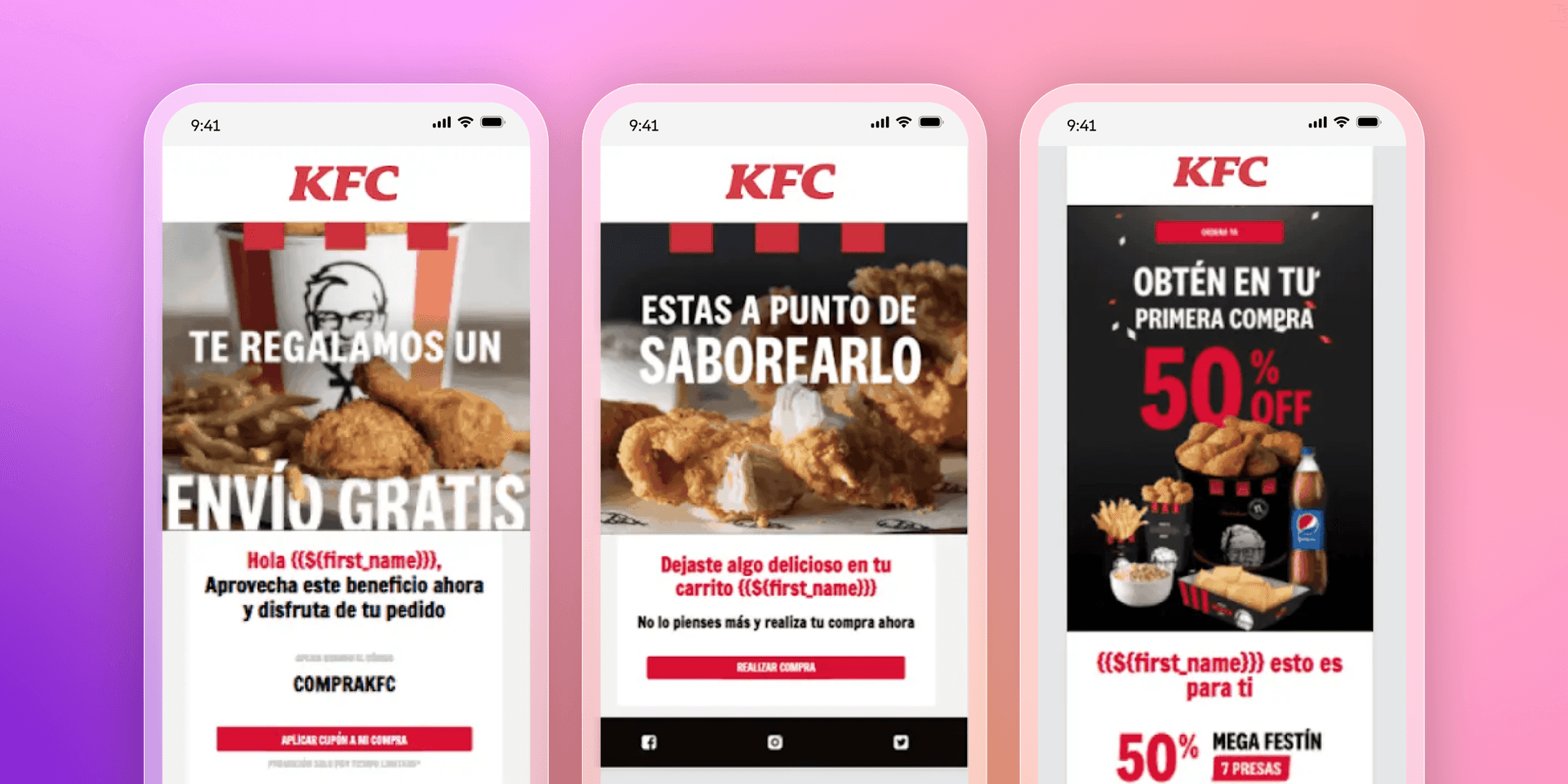 Three phones with messages from KFC