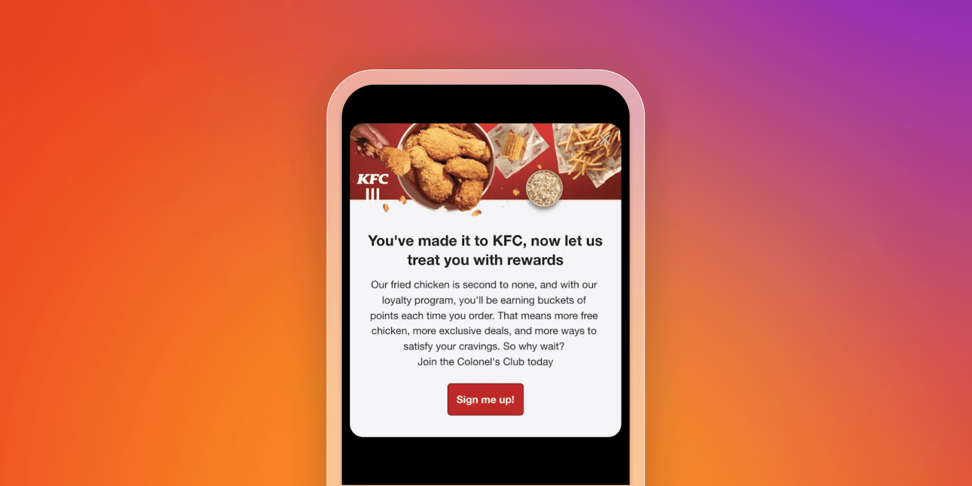 A smartphone displaying a KFC ad for its rewards program, featuring fried chicken and fries.