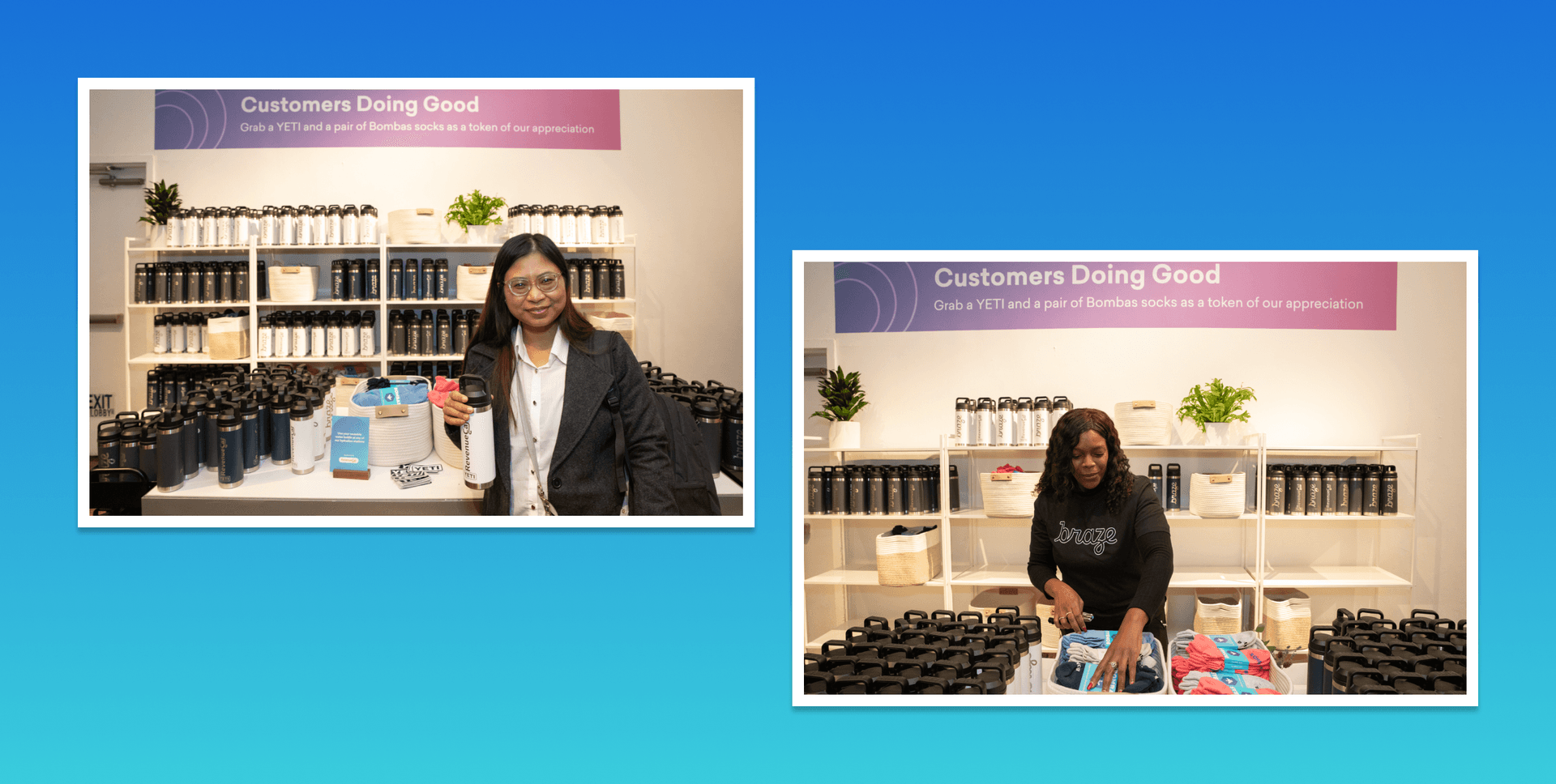 a woman standing in front of a sign that says customers doing good