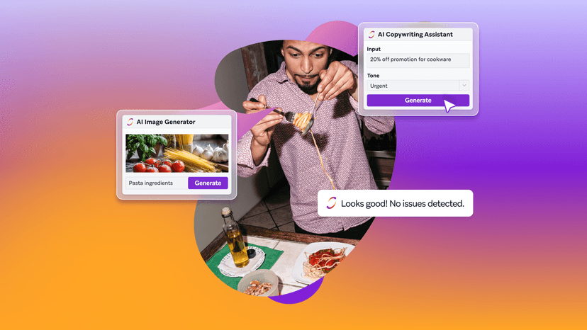a man is holding a piece of pasta in front of an ai copywriting assistant
