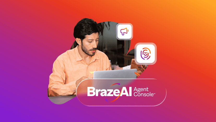 A man on a laptop with the BrazeAI Agent Console logo, a megaphone icon, and an AI face icon on a purple and orange gradient background.