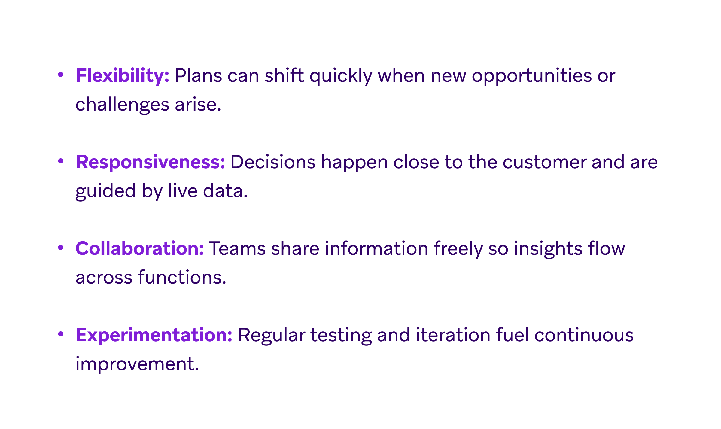 Text listing definitions for Flexibility, Responsiveness, Collaboration, and Experimentation.