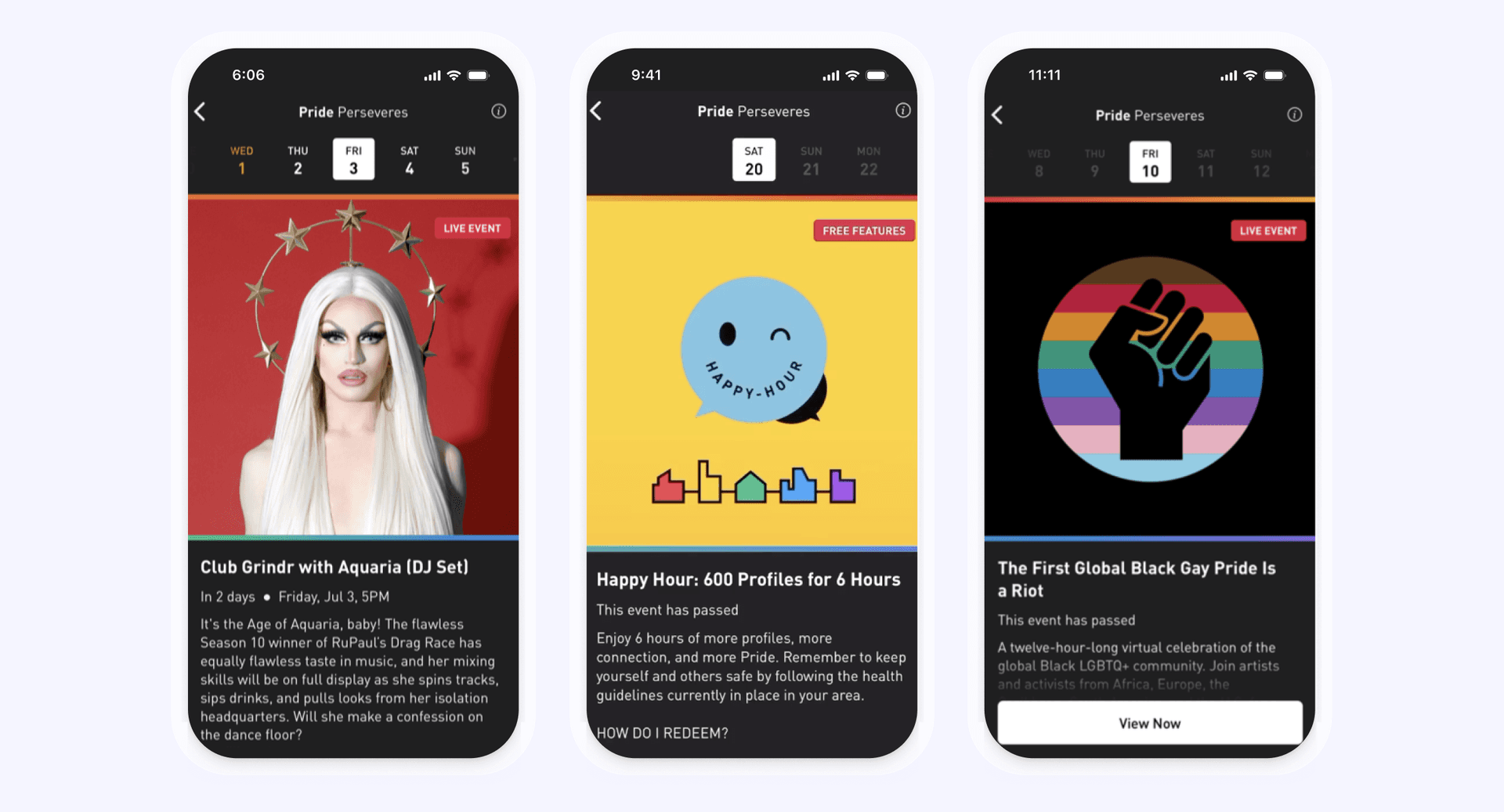 three screenshots of a app called pride perseveres