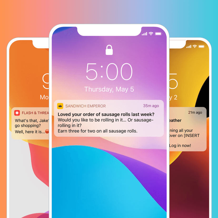 Three iPhone lock screens displaying notifications, with the central screen showing a "Sandwich Emperor" notification about "sausage rolls."