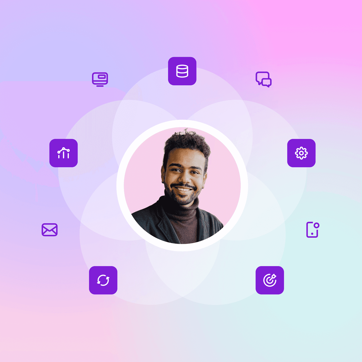 a man in a circle with purple icons around him