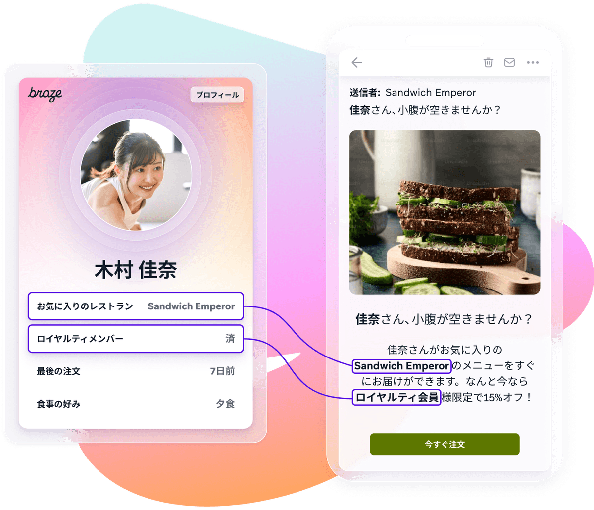 a braze app shows a picture of a woman and a sandwich