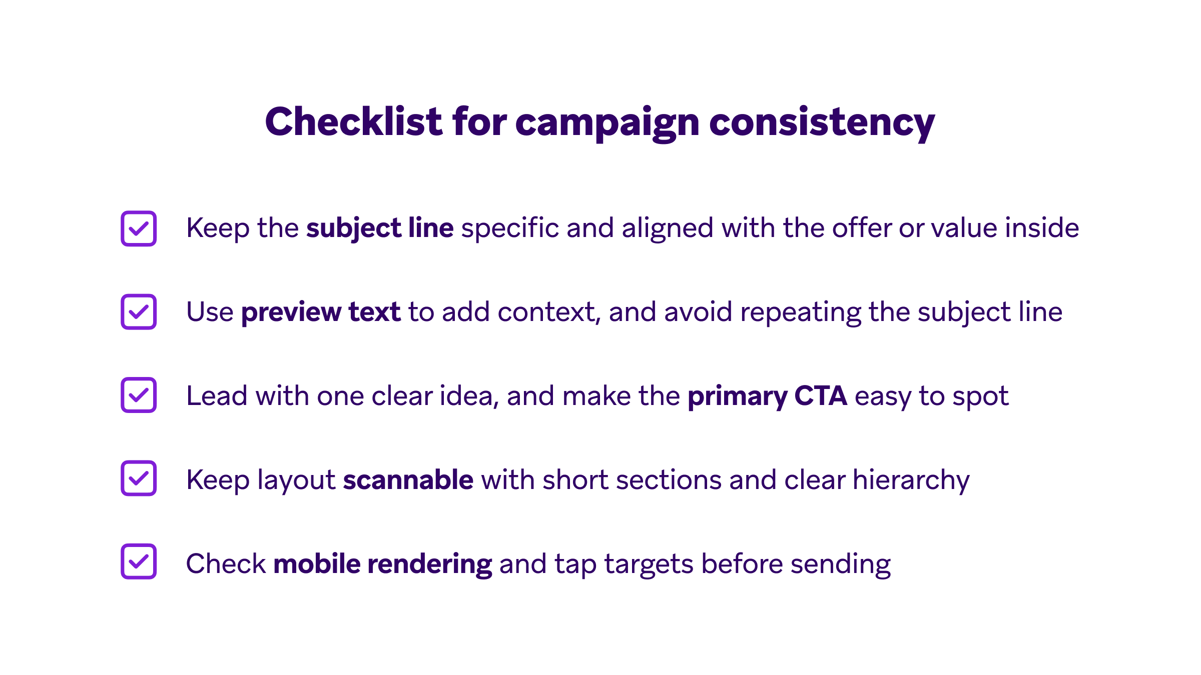 Checklist for campaign consistency covering subject lines, preview text, CTAs, scannable layout, and mobile rendering checks.