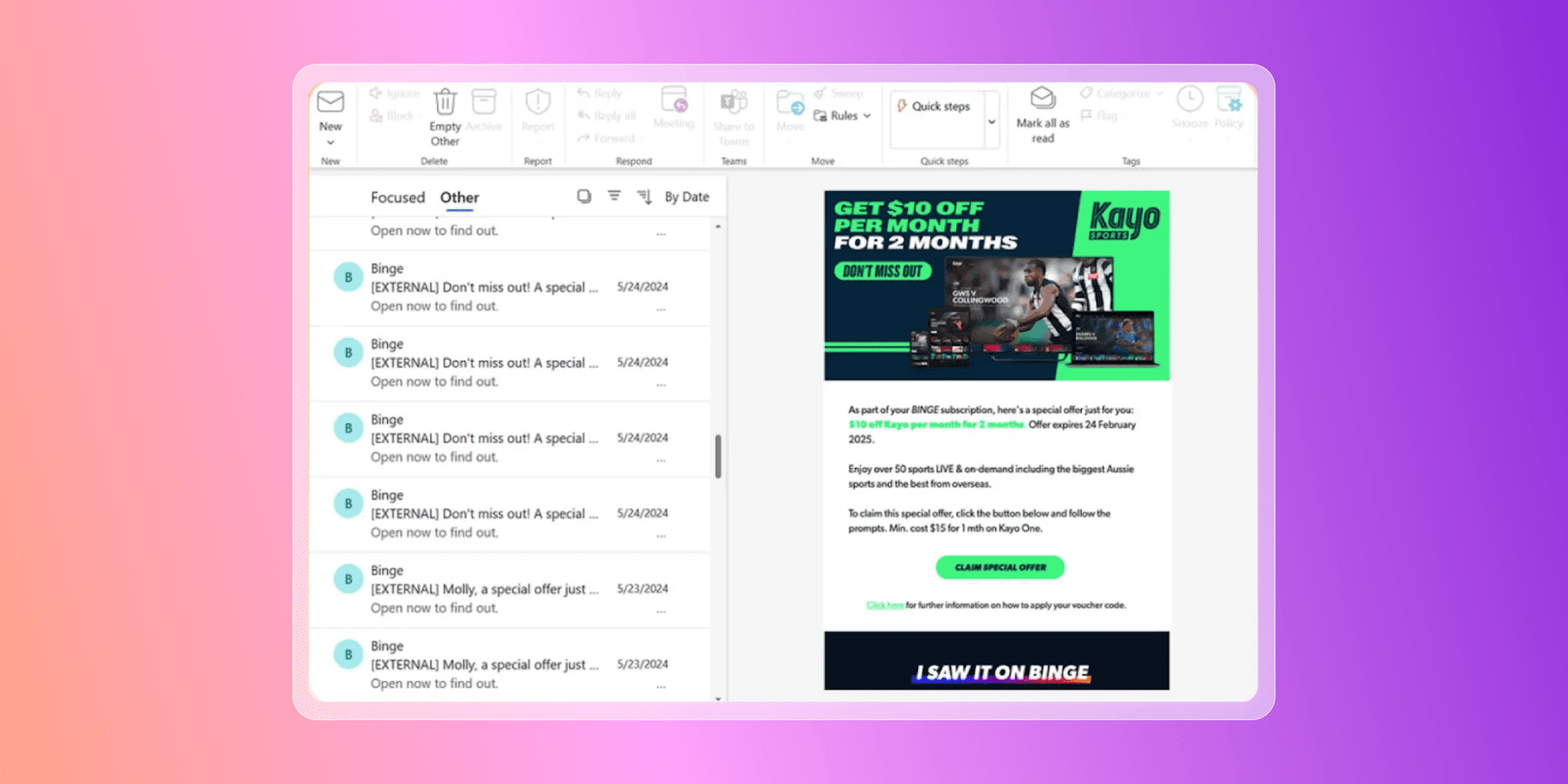 An email client displaying an open Kayo Sports promotional email offering a $10 discount.