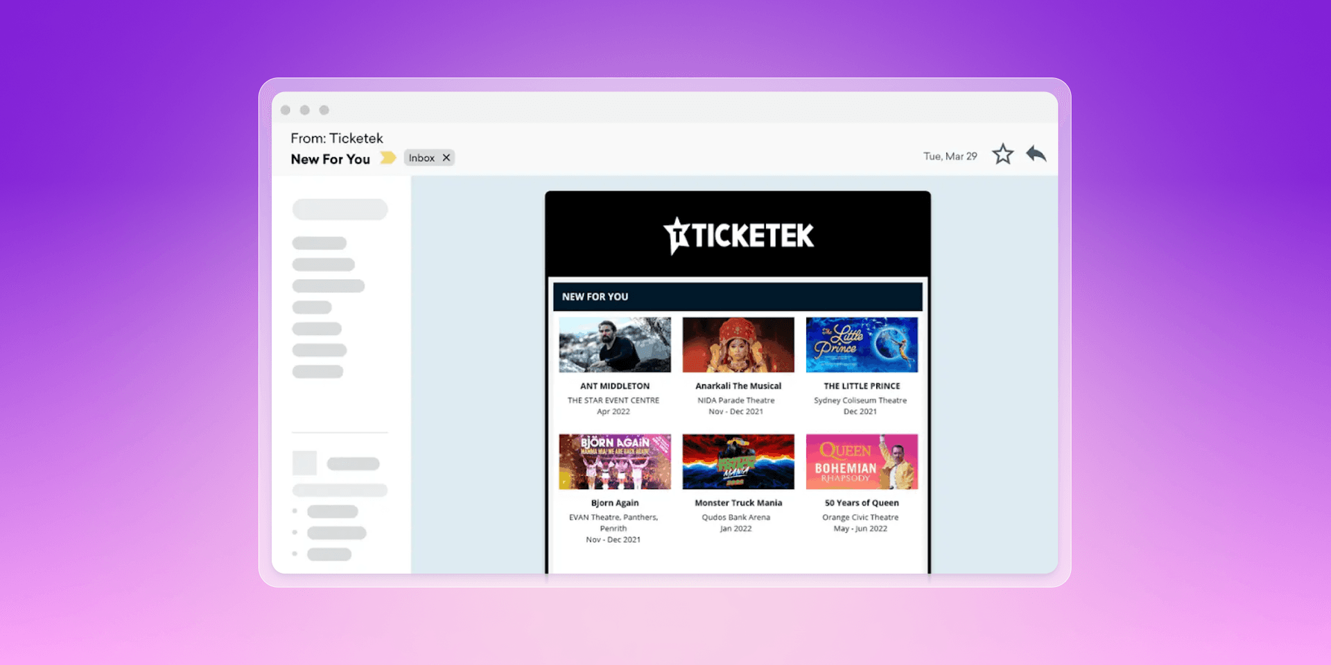 A computer screen with an email from ticketek